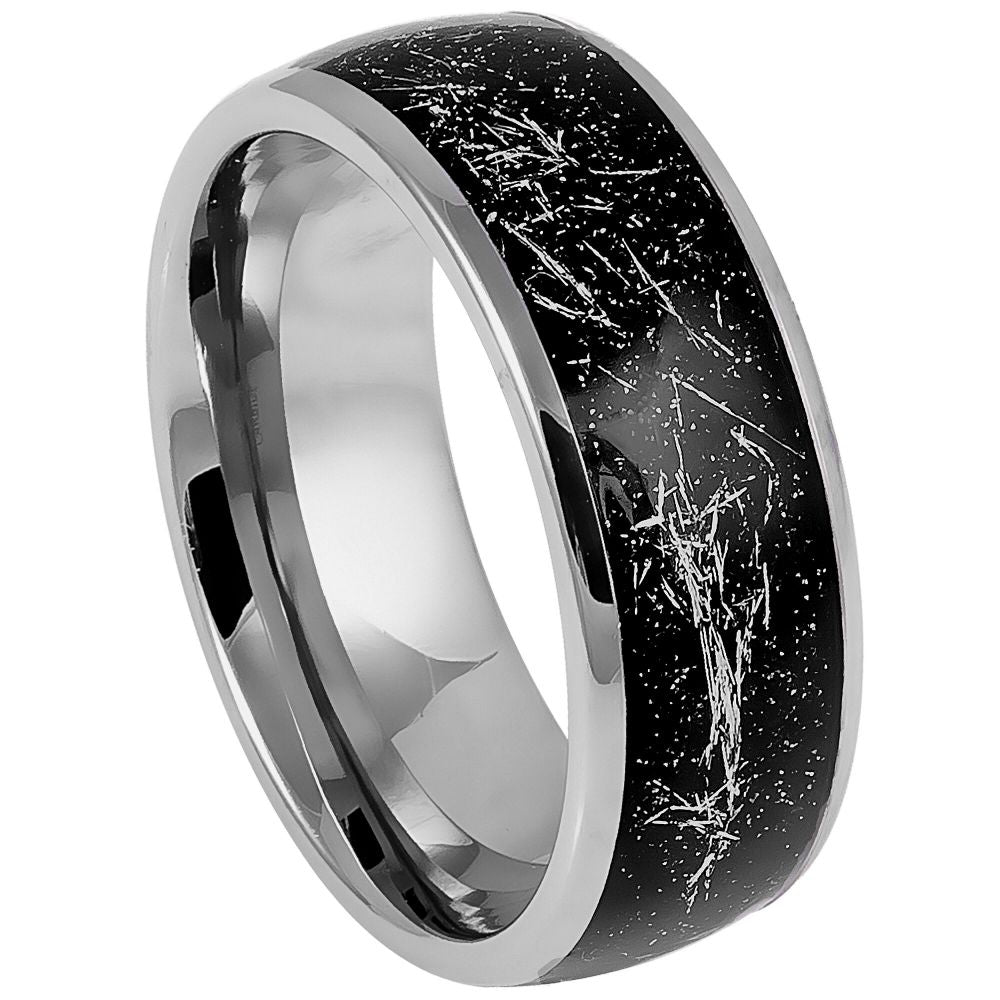 828-8mm Domed Ring with Imitation Meteorite on Black Carbon Fiber Inlay