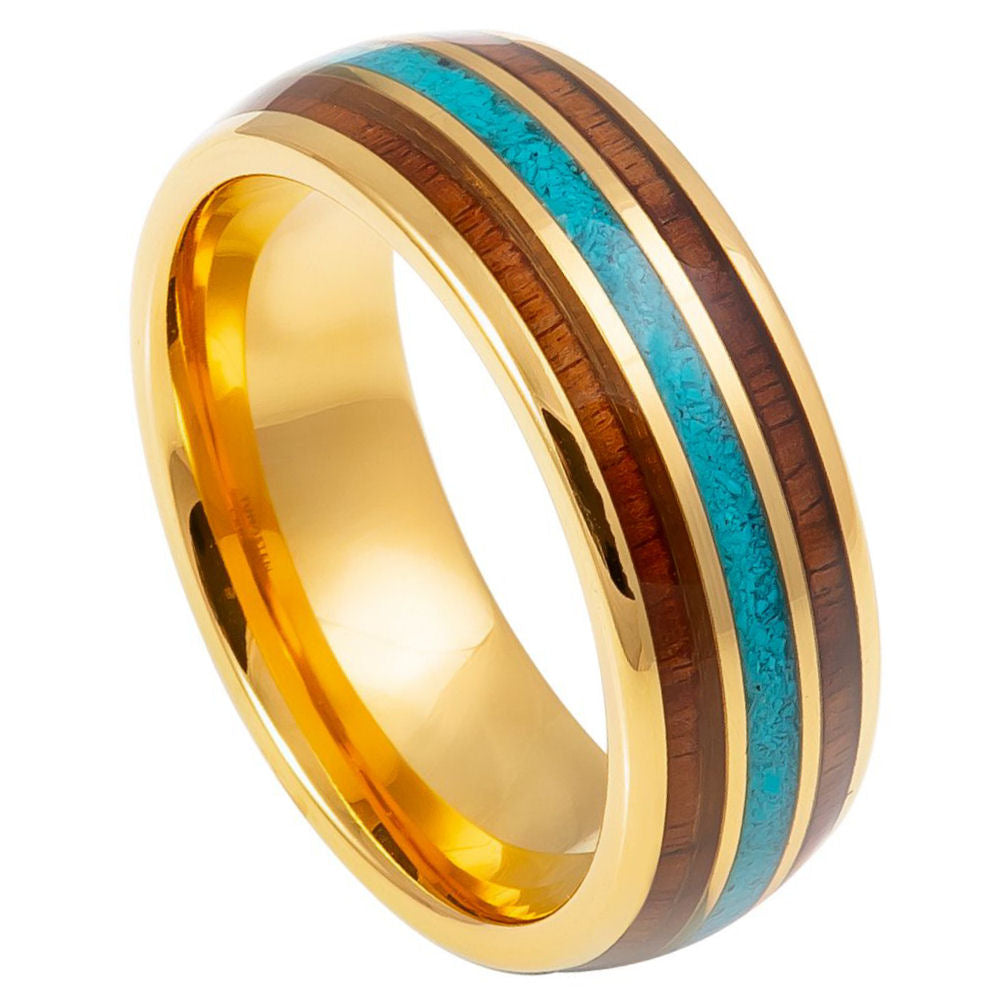 829-8mm Yellow Gold IP Plated with Rosewood & Crushed Turquoise Inlay