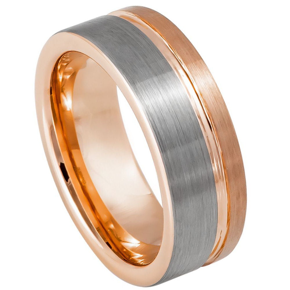 840-8mm Grooved Rose Gold IP Plated Brushed Pipe Cut Ring
