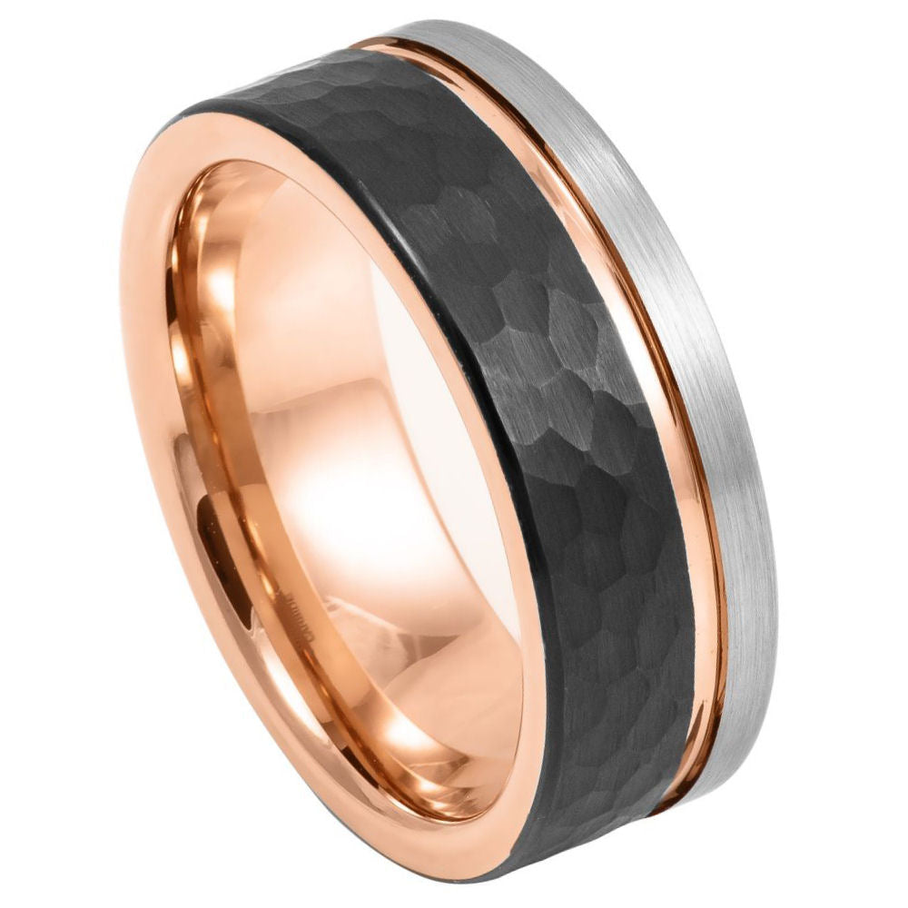 841-8mm Three-tone Natural, Rose Gold & Hammered Black IP Plated Groove