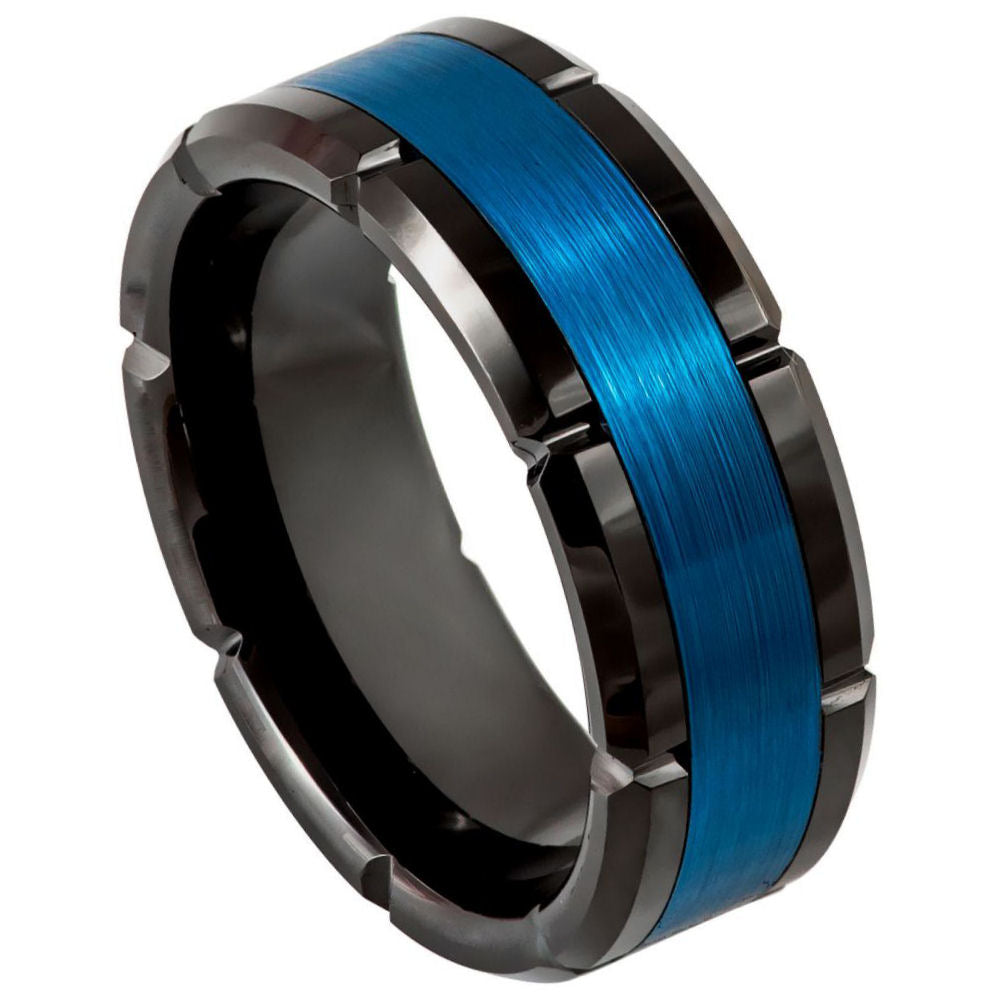 849-8mm Brushed Center & Shiny Edges Black & Blue IP Plated