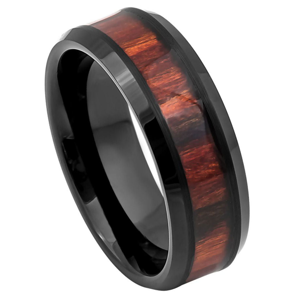 887-8mm Black IP Plated Beveled Edge with Dark Mahogany Wood Inlay