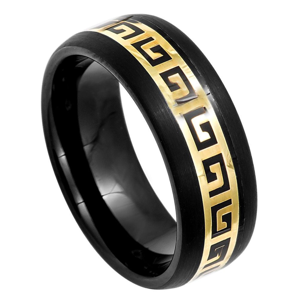 933-8mm Black IP Dome Ring Yellow IP Plated Greek Key Inlay