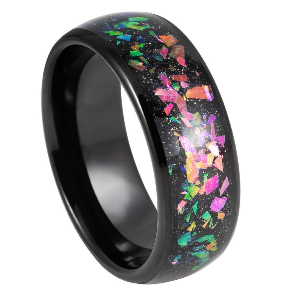 941-8mm Black IP Tungsten Ring with Synthetic Opal & Abalone Fragments Inlay
