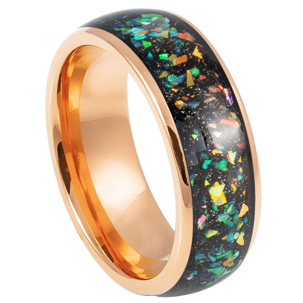 943-8mm Rose Gold IP Domed with Synthetic Opal & Abalone Fragments Inlay