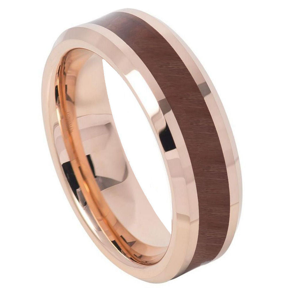 952-6mm Rose Gold IP Plated with Hawaiian Koa Wood Inlay Shiny Beveled Edge