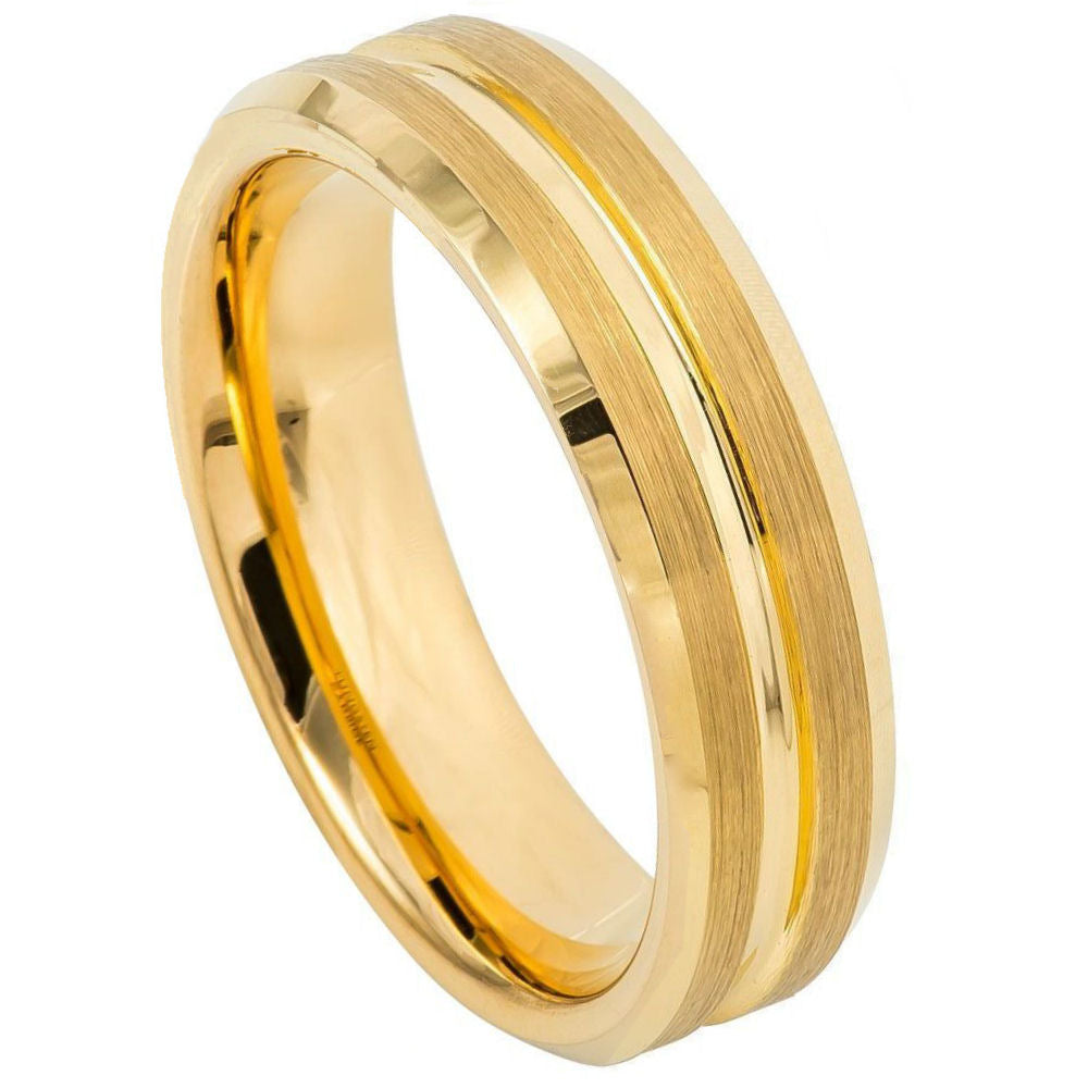 955-6mm Yellow Gold IP PlatedÂ Grooved Center Brushed Beveled Edge