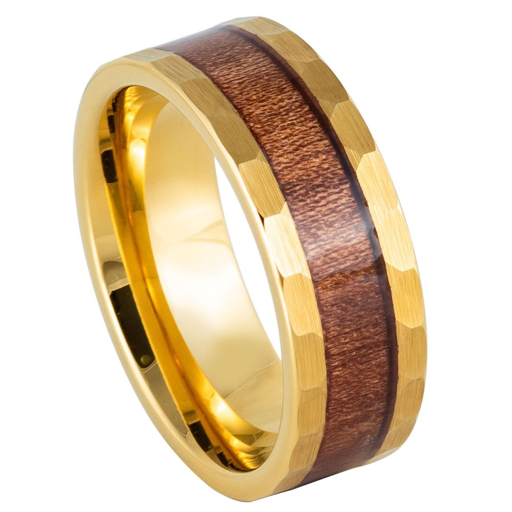 970-8mm Yellow IP Plated Hammered with Hawaiian Koa Wood Inlay
