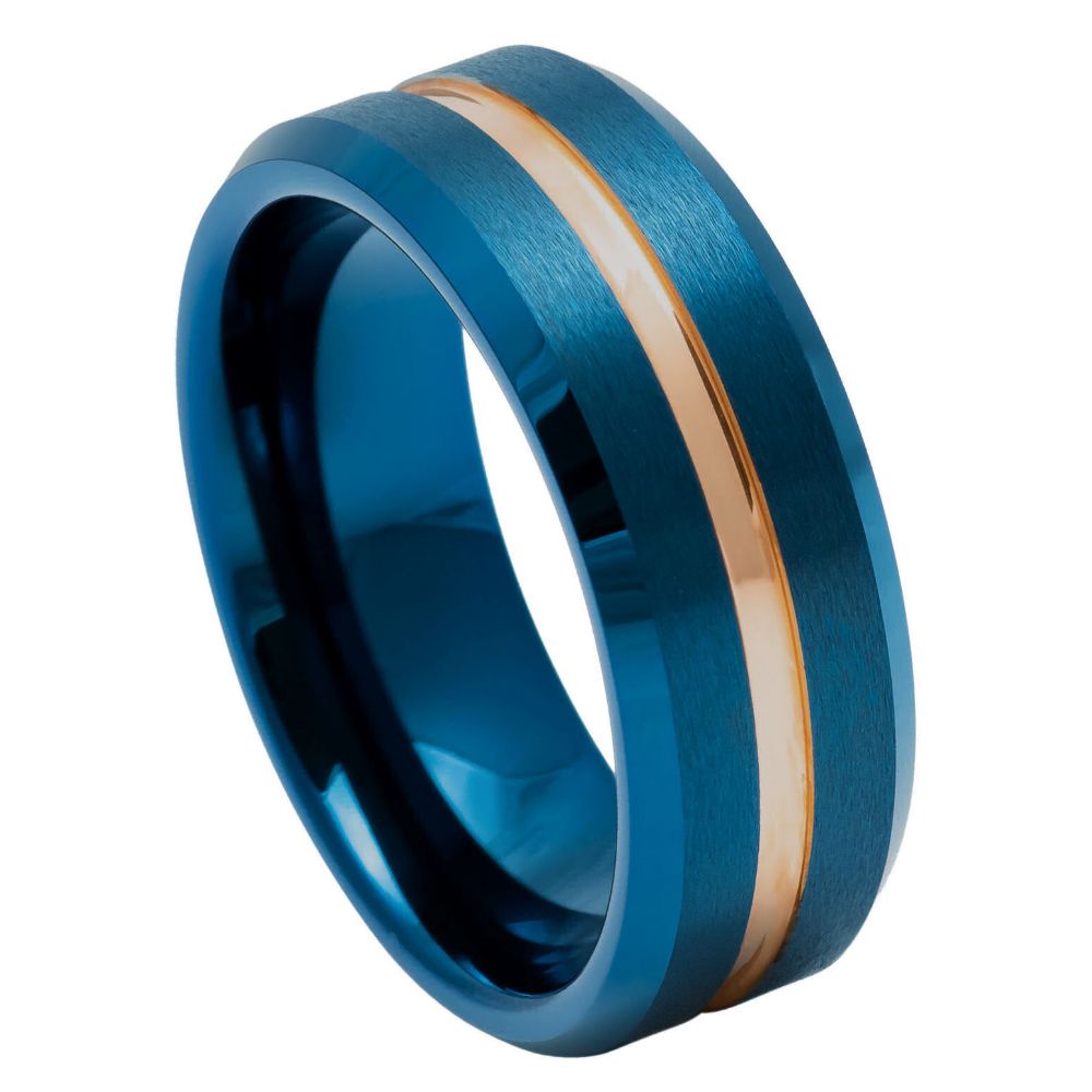 974-8mm Blue IP Brushed with Rose Gold IP Grooved Center Beveled Edge