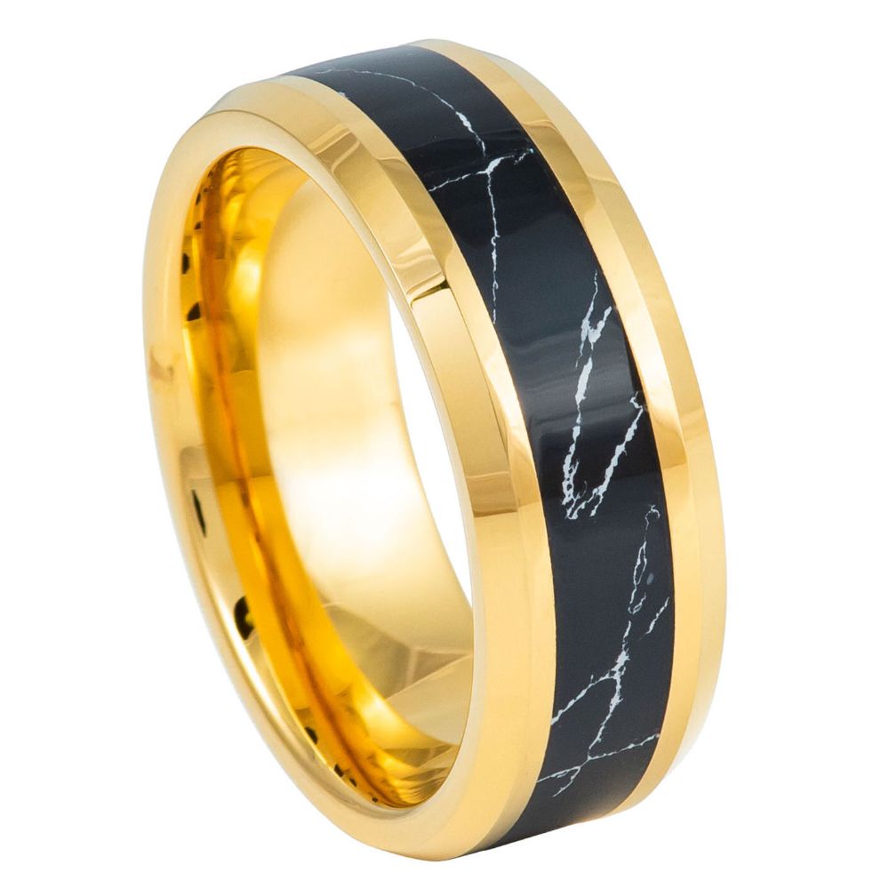 982-8mm Black IP with Synthetic Black Turquoise Inlay Beveled Edge
