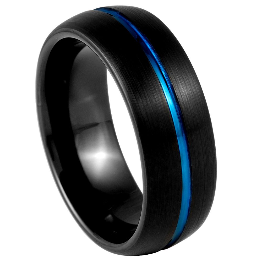 989-8mm Dome Black IP Tungsten, Blue IP Center Groove